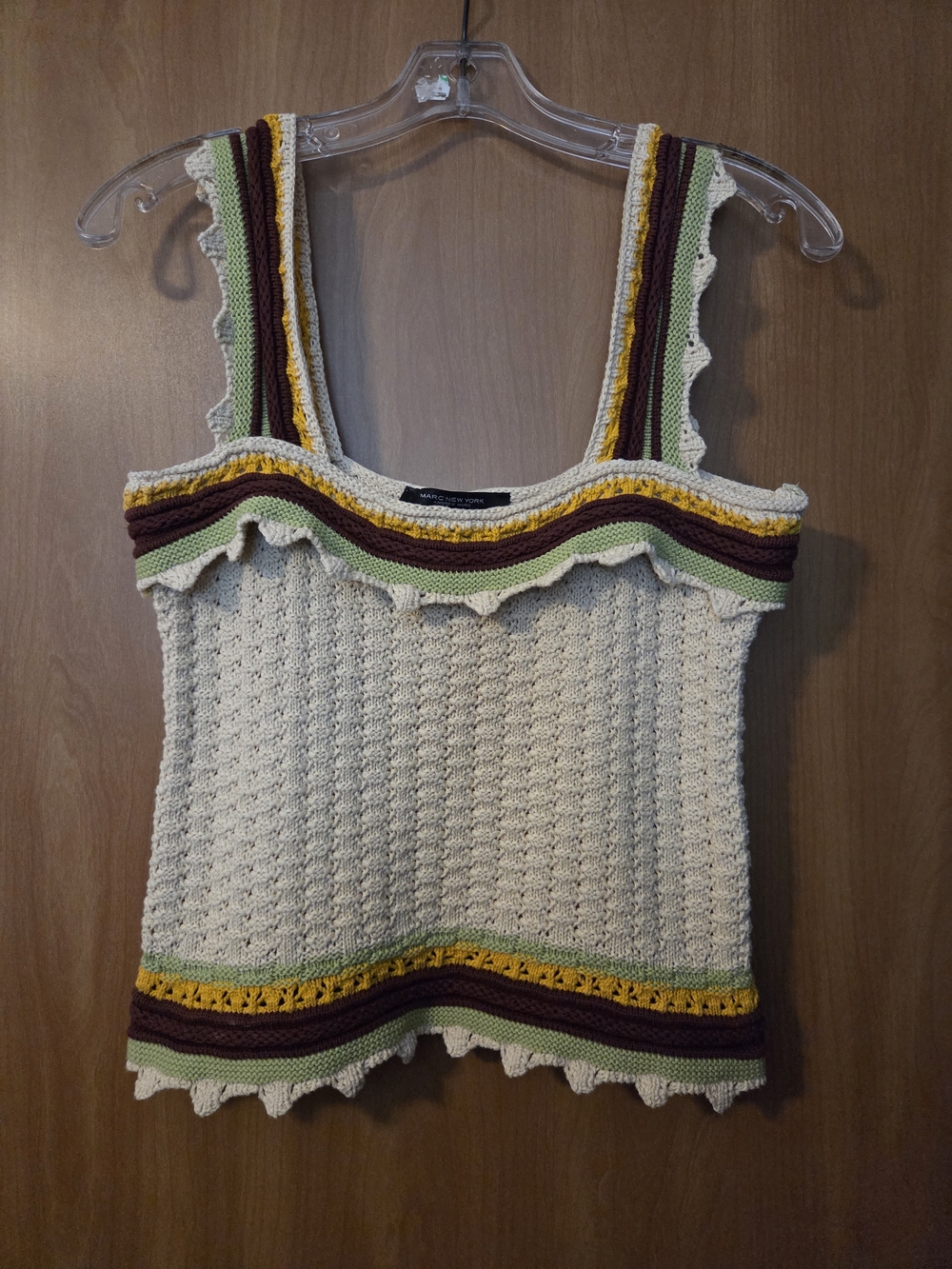 MARC NEW YORK Cream Crochet Tank with Olive, Mustard & Brown Stripes Size M Boho